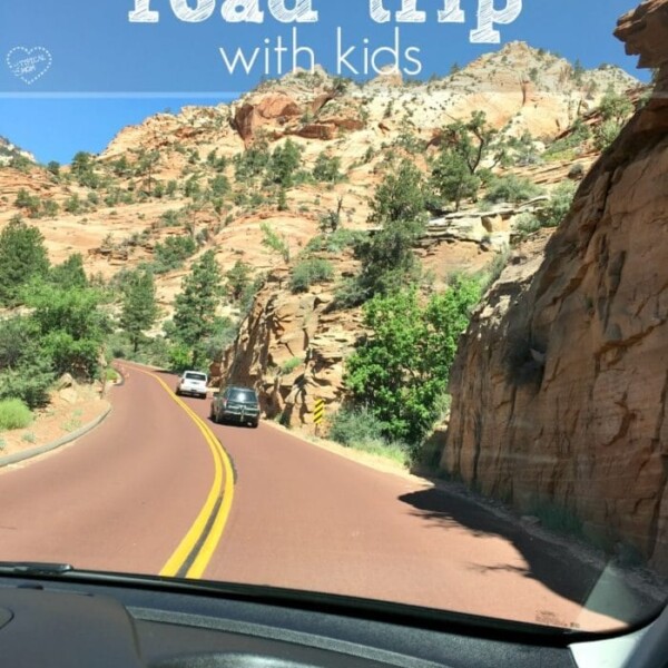 Experience the view from a car on a scenic desert road, dotted with rocks and trees, as you embark on a memorable family road trip. Perfect backdrop for text overlay about hitting the open road with kids in tow.