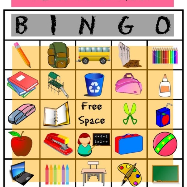 Back to School Bingo card featuring school-themed images such as pencils, a backpack, a bus, and a book.