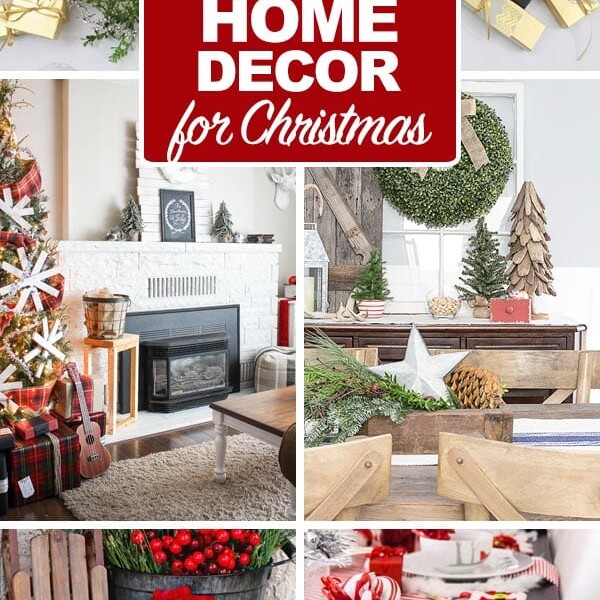 Collage of festive Christmas room decor featuring candles, wreaths, and vibrant red accents.