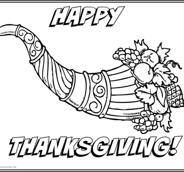 Black-and-white illustration of a cornucopia filled with fruits and vegetables, perfect for thanksgiving placemats. The words Happy Thanksgiving! grace the top and bottom of the horn. The simple design features outlined details ideal for coloring.