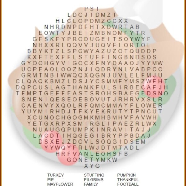 Enjoy a Thanksgiving word search puzzle adorned with themed words and a background depicting a festive meal, complete with turkey, cranberry sauce, and leafy greens. Perfect for adding a touch of fun to your holiday celebration.