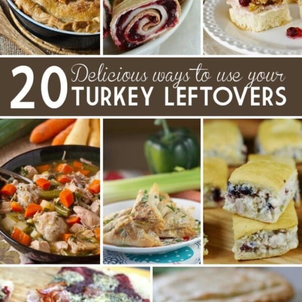 Collage of turkey meat recipes featuring various dishes made from leftovers, including pies, rolls, soups, and casseroles.