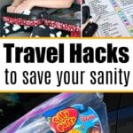 Discover a smart collage of travel hacks, featuring car organizers, checklists, activity bags, and essential road trip items.