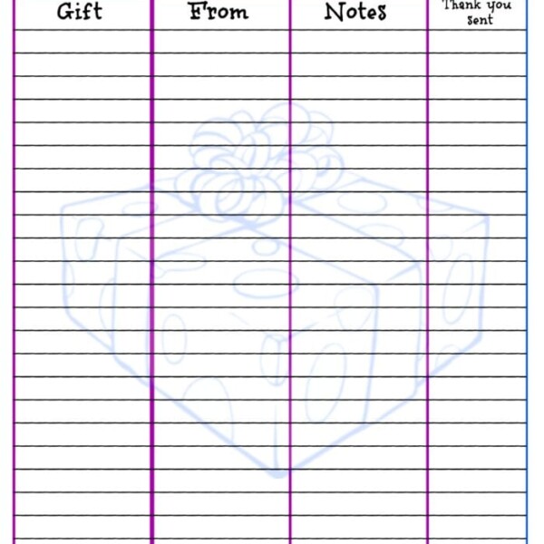 Baby Shower Gift List template featuring columns for Gift, From, Notes, and Thank You Sent. It boasts a purple border with blue and pink pen illustrations at the top corners and a subtle gift box watermark in the background—perfect for tracking baby shower guest gifts. Website link at the bottom.