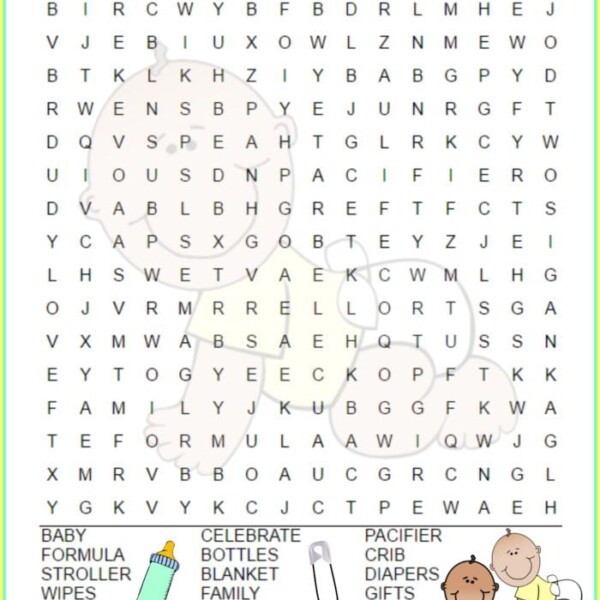 Enjoy a delightful baby shower word search puzzle featuring a charming bear outline in the background. Discover words like baby, formula, stroller, and more. The word list is accompanied by adorable cartoon images of three babies at the bottom.