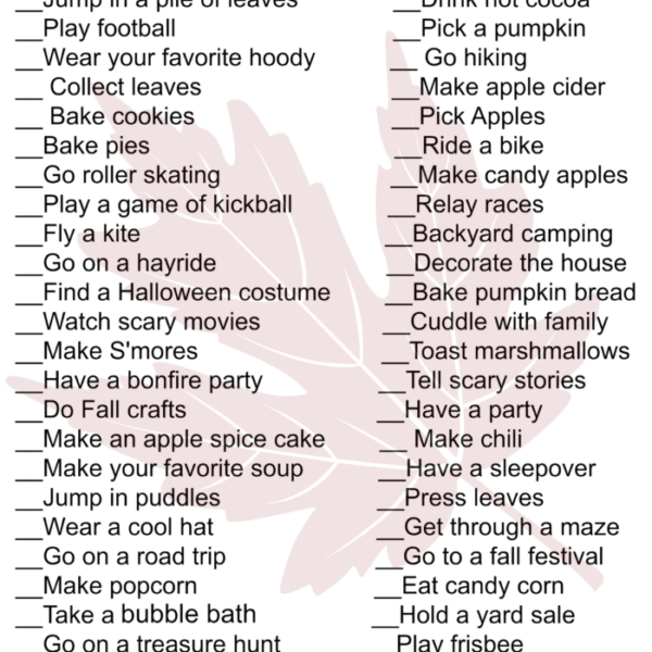 Fun Fall Activities Checklist with exciting options like baking, hiking, picking pumpkins, and more, all framed by vibrant autumn leaves.