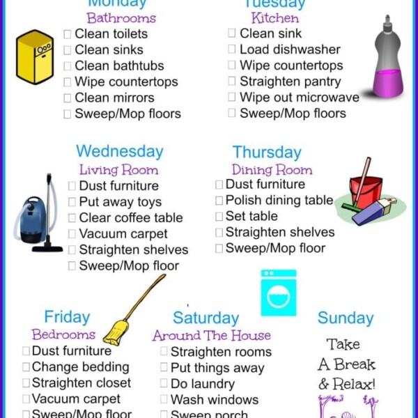 Stay organized with this house cleaning schedule featuring a weekly chart of daily tasks for different rooms. Enjoy a well-deserved rest on Sunday while the rest of the week keeps your home sparkling clean.