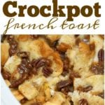 Crockpot French toast casserole with tender bread cubes, crunchy pecans, and a delightful drizzle of syrup showcased in a slow cooker.