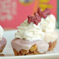 Mini cheesecakes, reminiscent of delightful frozen yogurt cupcakes, are topped with whipped cream and pink bear-shaped cookies on a plate.