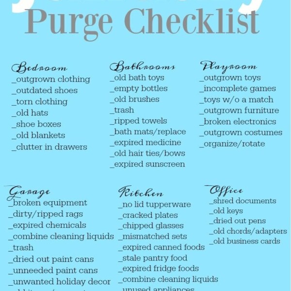 The January Purge Checklist efficiently guides you through decluttering your Bedroom, Bathrooms, Playroom, Garage, Kitchen, and Office. It highlights items to discard across clothing, toys, expired goods, and broken equipment for a fresh start to the year.