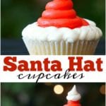 Santa cupcakes adorned with red frosting and a white icing base sit beautifully on a festive background.