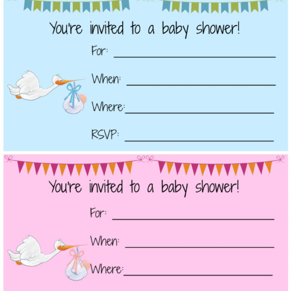 Explore our free baby shower invitation templates featuring storks carrying bags. Available in charming blue and pink designs, these invitations add a delightful touch to your celebration.