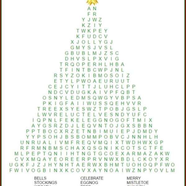 Enjoy this festive Christmas word search puzzle artfully shaped like a tree, featuring joyous words like "joy" and "gifts" to brighten the holiday spirit.