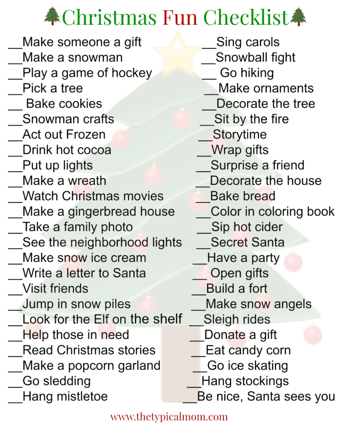 Free Christmas Activities for Kids Checklist Printable PDF