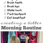 A child is organizing clothes under a list titled "Morning Routine for School," which outlines steps to smoothly start the day.