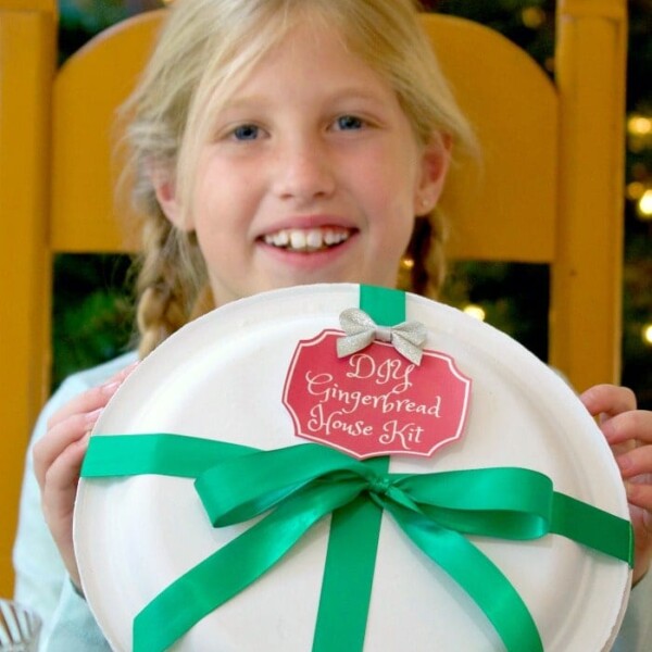 A child with blonde hair is beaming while clutching a DIY Gingerbread House Kit, adorned with a green ribbon and red tag. Beside the holiday-themed tablecloth, a festive Christmas tree twinkles in the background, setting the perfect scene for their creative holiday adventure.