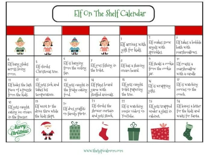 Elf on the Shelf Calendar · The Typical Mom Elf on the Shelf Calendar · The Typical Mom