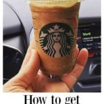 A hand holds a Starbucks frappuccino inside a car, with a parking lot visible through the windshield. Text on the image reveals tips on how to get free Starbucks gift cards. A green straw is in the drink.