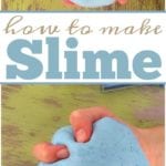 Hands kneading blue slime on a wooden surface with text: How to make slime with glue.