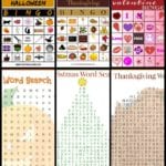 A collage of holiday printables featuring Halloween, Thanksgiving, and Valentine bingo cards, accompanied by word searches shaped like a pumpkin, Christmas tree, and turkey. At the top, the text reads Holiday Free Printables.