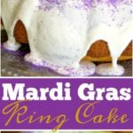 A classic Mardi Gras ring cake with white icing, dusted in vibrant purple and green sugar, hides a tiny baby figurine inside one delectable cake slice.