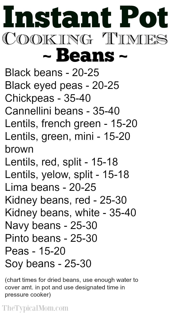 Chart For Cooking Beans In Instant Pot