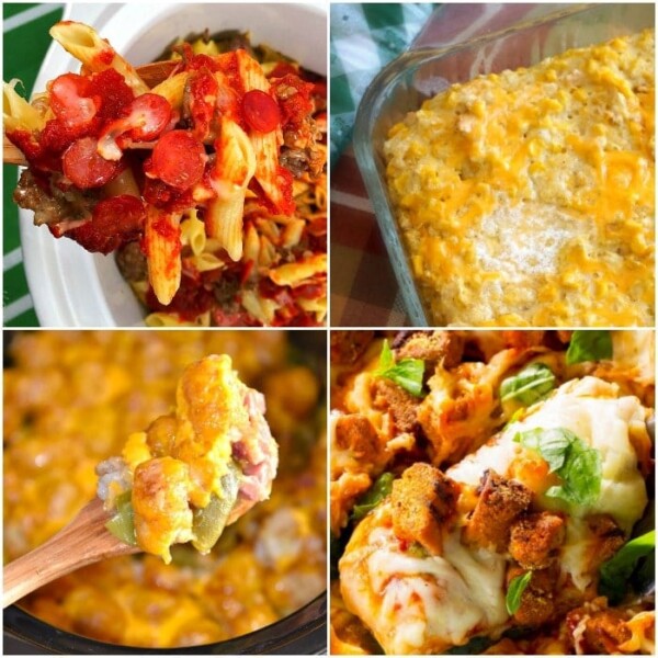 Collage of four dishes: pasta with tomato sauce and sausage, baked macaroni and cheese, cheesy vegetable casserole on a spoon, and a quick and easy casserole topped with melted cheese and croutons.