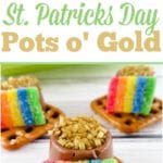 Delight in St. Patrick's Day treats with pretzel squares adorned with rainbow candy and gold sprinkles, creating a festive bite for the celebration.