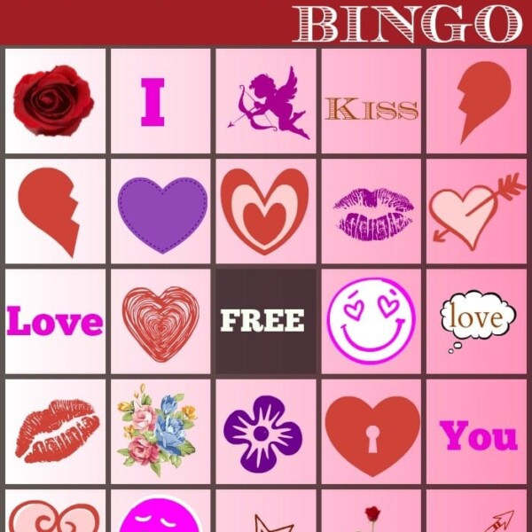 Valentine bingo comes to life with a themed card featuring icons like a rose, cupid, heart shapes, lips, and an arrow. You'll also find flowers and the words Love, Kiss, and You adorning the squares. A FREE space takes center stage for an added twist to this romantic game.