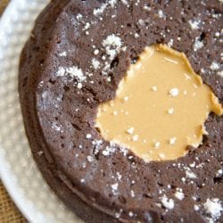 Chocolate brownies with a peanut butter center on a white plate, reminiscent of pressure cooker brownies, sprinkled with powdered sugar.