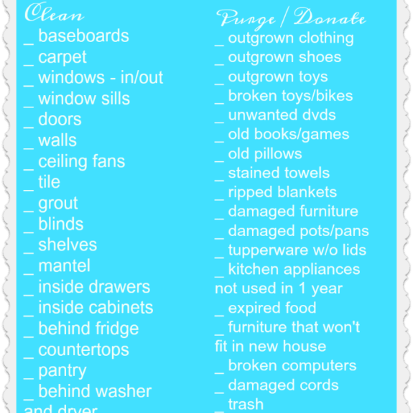 A pastel blue printable moving checklist features sections for Clean and Purge/Donate. Tasks include cleaning baseboards, windows, and carpets, along with purging items such as outgrown clothing, old books, and expired food.