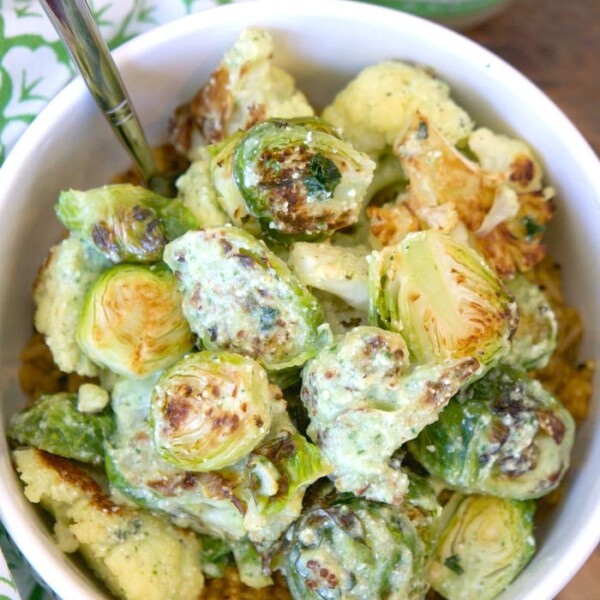 Creamy Salsa Verde Brussel Sprouts and Cauliflower