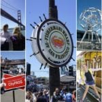 Collage of family things to do in San Francisco: Ferry, Golden Gate, Fisherman's Wharf, cable car, aquarium, and city sign.