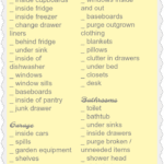 Summer house cleaning list organized by room: kitchen, garage, bedrooms, and bathrooms. Tasks include cleaning cupboards, purging junk, washing windows, and organizing toys. A sun icon graces the bottom right corner of this summer guide.