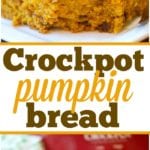 A close-up of delicious crockpot pumpkin bread, showcasing its moist texture, with a text overlay.