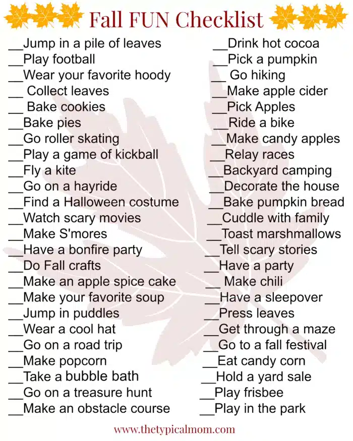 Fun Fall Activities Free Fall Bucket List Printable