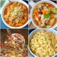 A collage of four bowls of pasta dishes showcases instant pot pasta recipes. Top left: pasta in a red sauce with grated cheese. Top right: vegetable pasta soup with beans. Bottom left: pasta with ground beef and beans. Bottom right: creamy macaroni and cheese garnished with chives.