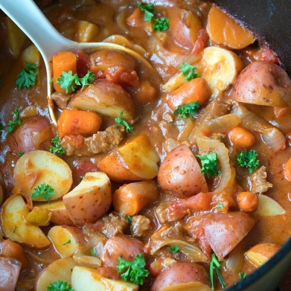 Hearty dutch oven stew with potatoes, carrots, meat, and herbs simmering in a black pot, served with a white ladle.