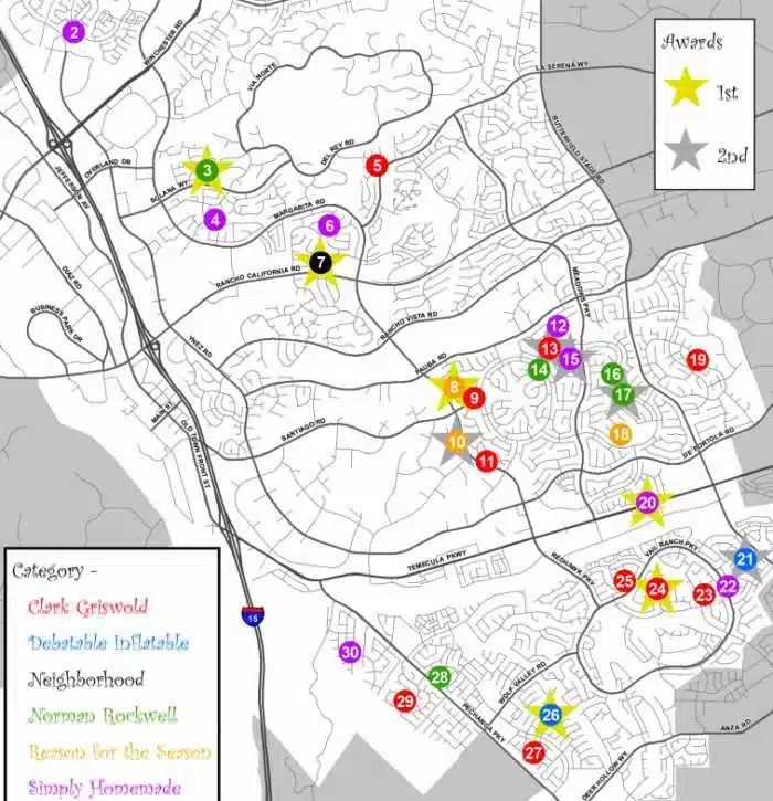 Explore our Christmas Lights Temecula map, a festive guide with neighborhoods adorned by numbered, colored stars marking key locations. Categories like Clark Griswold and Simply Homemade add holiday charm, while the legend displays award stars for 1st and 2nd place winners.