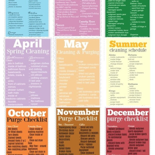 Infographic titled Monthly Cleaning and Purging Planner featuring a monthly cleaning schedule checklist for each month from January to December, including a separate summer cleaning routine. At the bottom, the website name thetypicalmom.com is displayed.