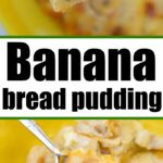 A close-up of a spoonful of easy banana bread pudding, topped with sliced bananas, nestled in a vibrant yellow dish.