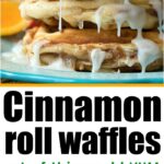 Stack of cinnamon roll waffles with icing dripping on top. Discover how to make waffles with cinnamon rolls and indulge in out-of-this-world YUM.