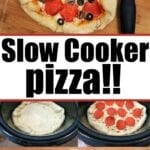 Homemade crock pot pizza topped with pepperoni, olives, and mushrooms is cooked to perfection in a slow cooker, presented alongside a handy pizza cutter.