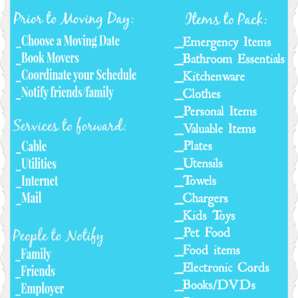 A teal moving home checklist for organizing a move. Sections include tasks prior to moving day, services to forward, people to notify, and items to pack by room. Helpful hint at the bottom suggests labeling and color-coordinating boxes for easy unpacking.