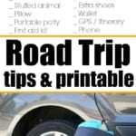 Discover the ultimate road trip checklist complete with a handy printable list and an image of a car adorned with travel accessories.