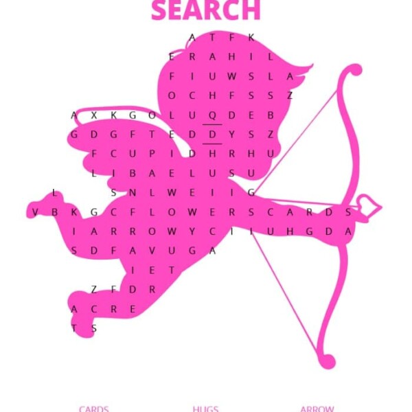 A delightful pink valentine word search puzzle shaped like Cupid with a bow and arrow. Find romantic words such as cards, cuddle, kisses, hugs, cupid, flowers, arrow, teddy, and love. Perfect for celebrating the season of affection!