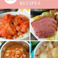 Collage of four dishes made in an Instant Pot, featuring simple favorites like tomato rice, corned beef with cabbage, vegetable soup, and a sweet dessert with apples. Text at the top reads 15 Instant Pot Recipes. Discover effortless meals with just 3 ingredients each!