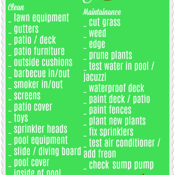 Backyard clean up checklist with tasks for cleaning and maintenance, like lawn care, grill cleaning, and pool maintenance, on a green background featuring a small tree graphic.