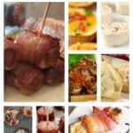 Collage of an ultimate football party featuring favorites like bacon-wrapped treats, sliders, dips, and a variety of other delicious appetizers.