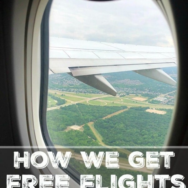 View from airplane window showing a wing and landscape below, with text overlay: How We Snag Free Airline Tickets Every Year.